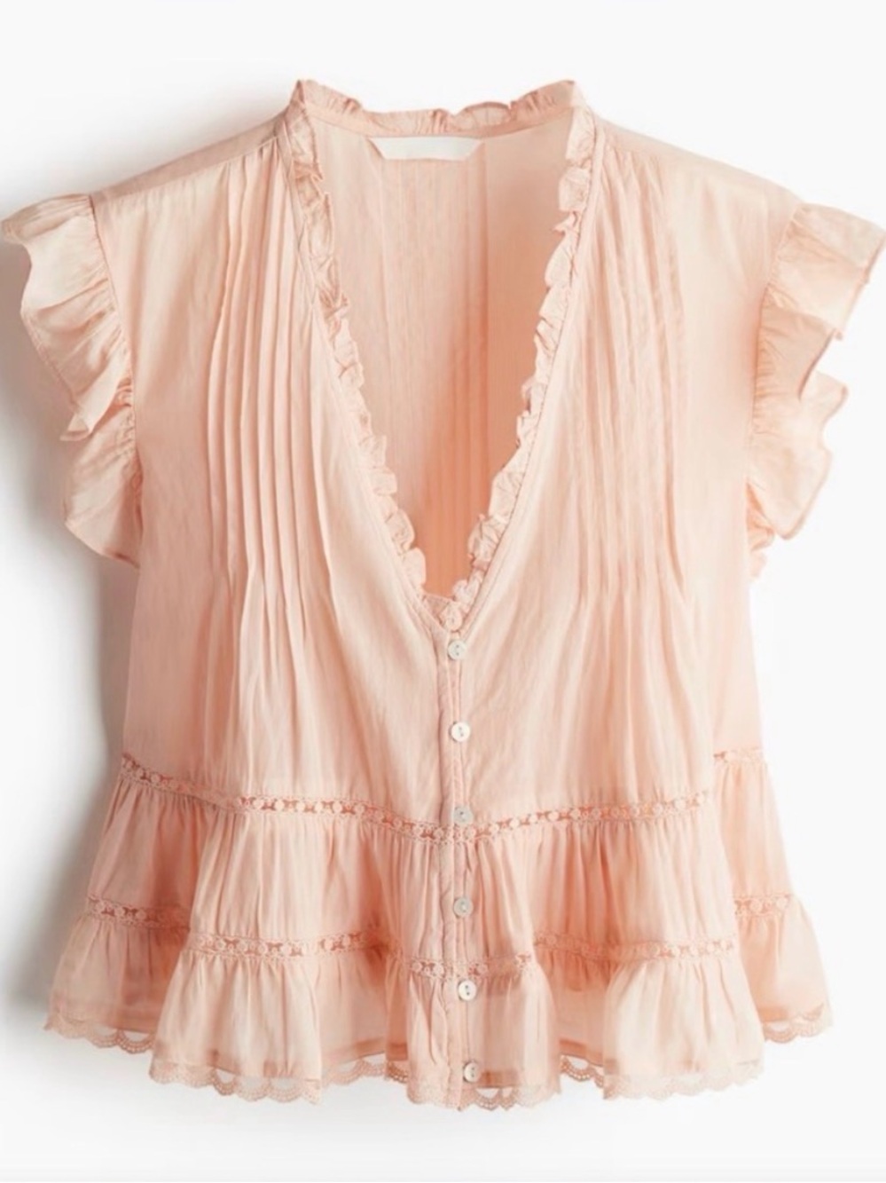 H&M Peach Ruffle Sleeve V-Neck Button Blouse